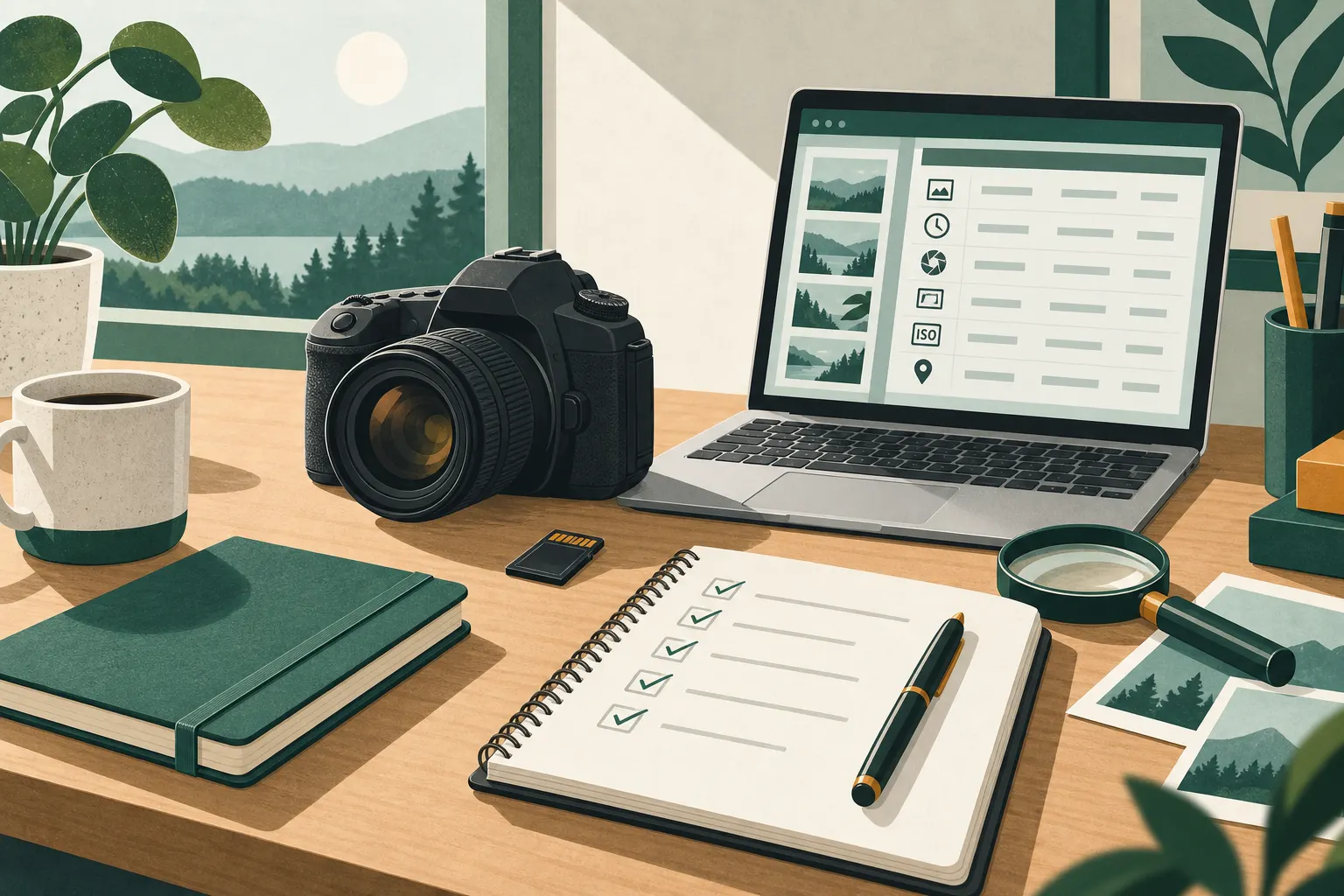Illustrated camera and laptop on a photographer’s research desk.