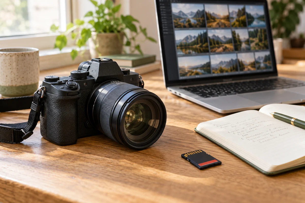 A camera, memory card and inspection notebook beside a laptop on a naturally lit wooden desk.