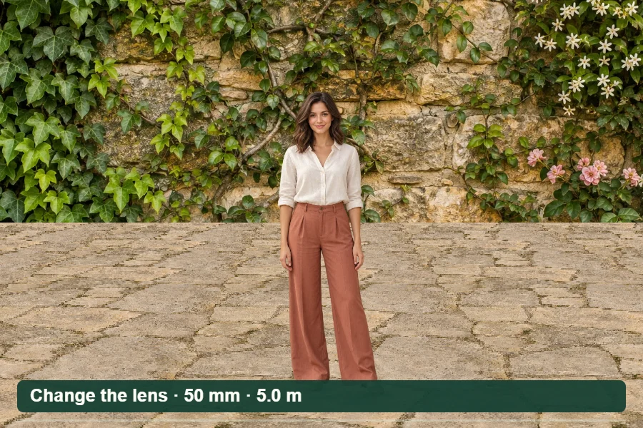 A garden portrait demonstration changes from 50 to 85 mm, then moves the camera back to restore subject size and show the changing background.
