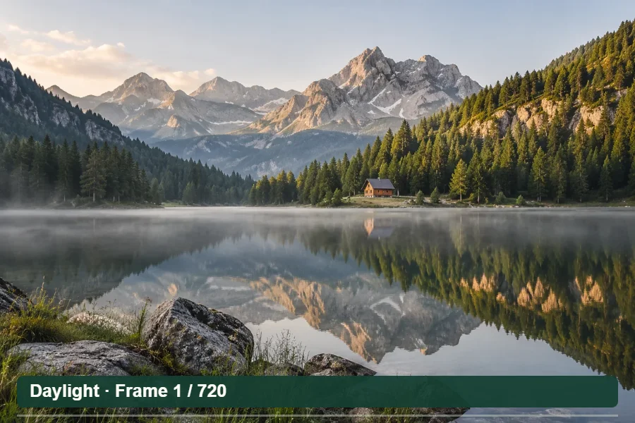 An alpine lake changes from daylight through sunset to blue hour as an example frame counter advances.