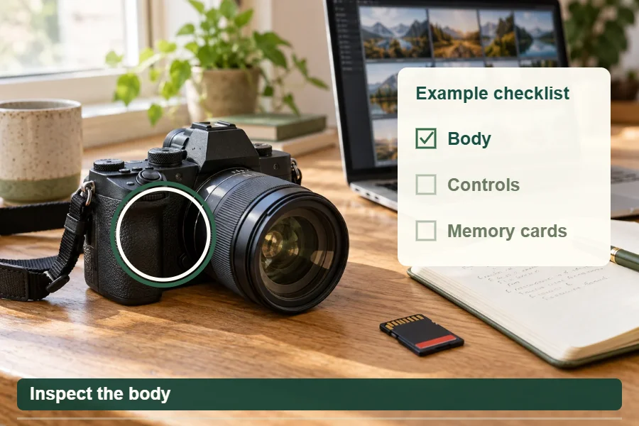 A realistic camera inspection workspace with a camera, notebook, memory card and laptop.