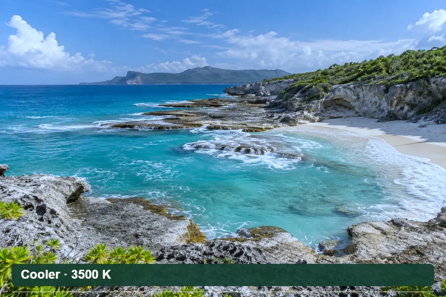 A coastal photograph changes between cool and warm white balance while the light stays fixed.